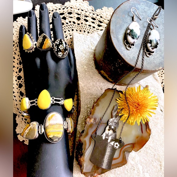 Spectacular 925 Fall Jewelry Yellow Turquoise Bumblebee Sterling Jewelry VTG - Picture 1 of 16